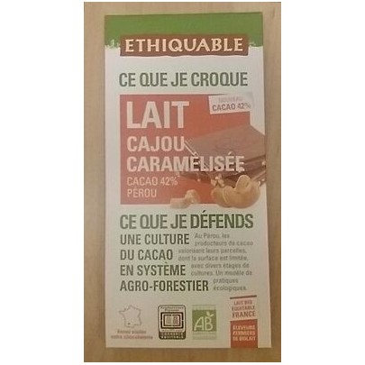 CHOCOLAT LAIT CAJOU BIO 100G