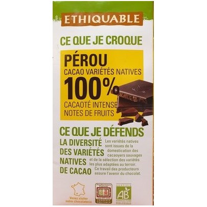 CHOCOLAT NOIR 100% CACAO PEROU
